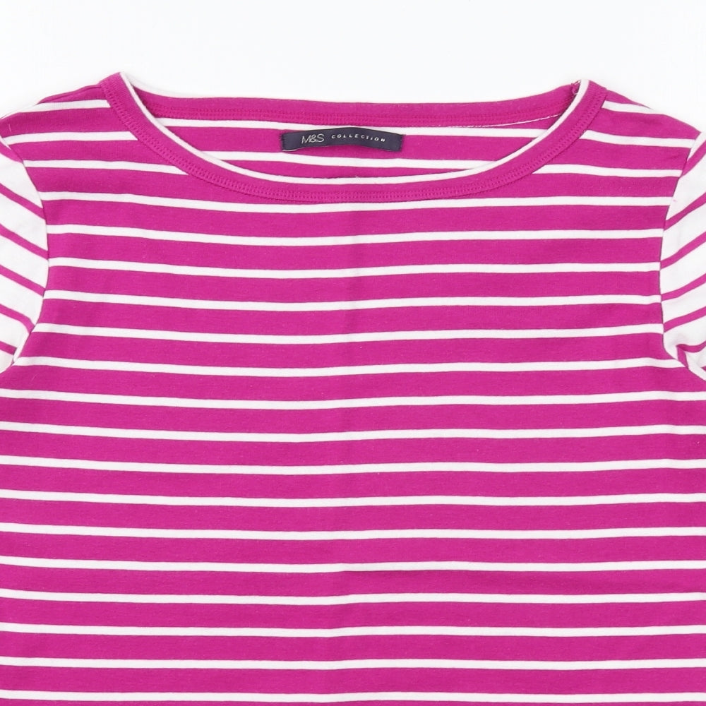 Marks and Spencer Womens Pink Striped Cotton Basic T-Shirt Size 12 Round Neck
