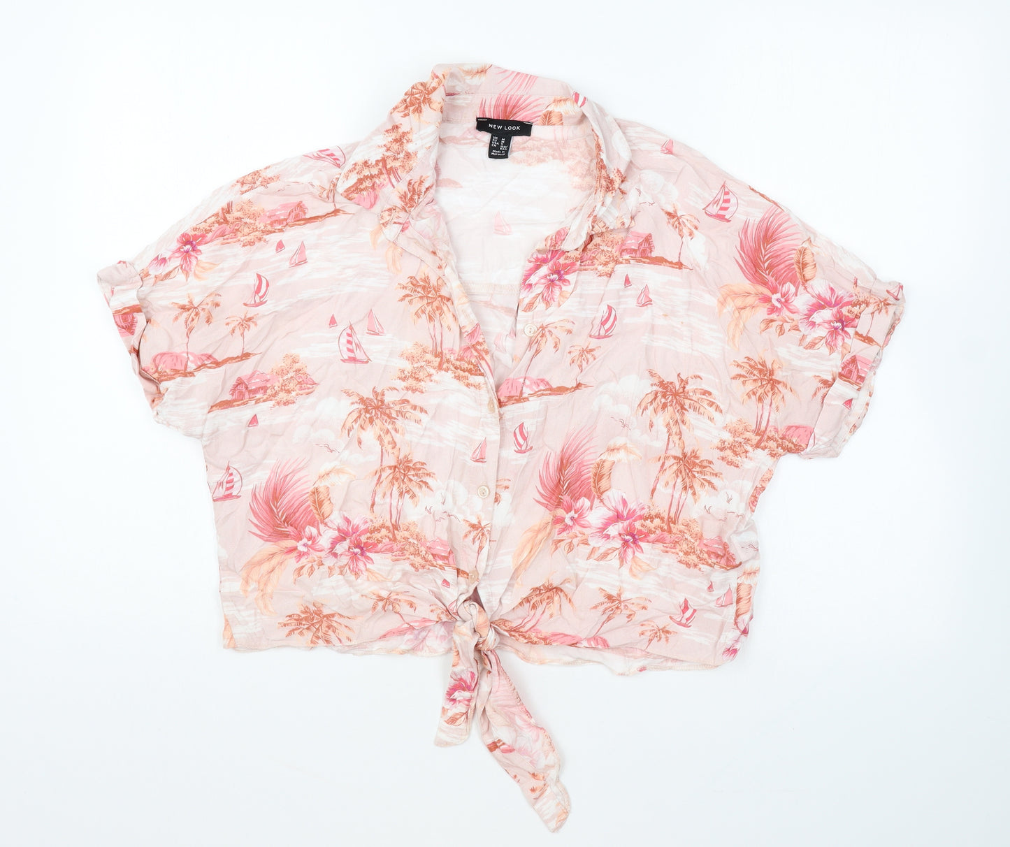 New Look Womens Pink Floral Cotton Basic Button-Up Size M V-Neck