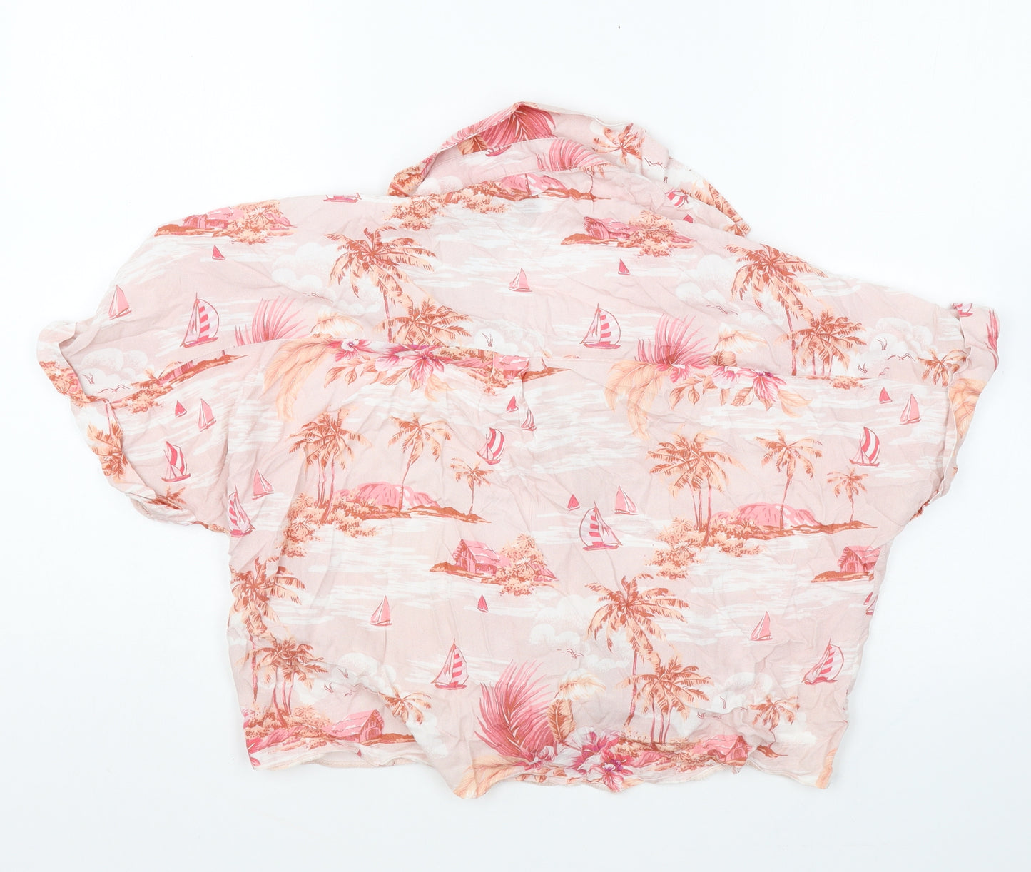 New Look Womens Pink Floral Cotton Basic Button-Up Size M V-Neck