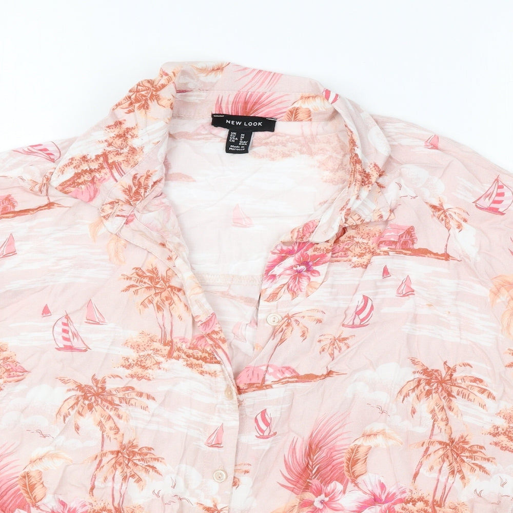 New Look Womens Pink Floral Cotton Basic Button-Up Size M V-Neck
