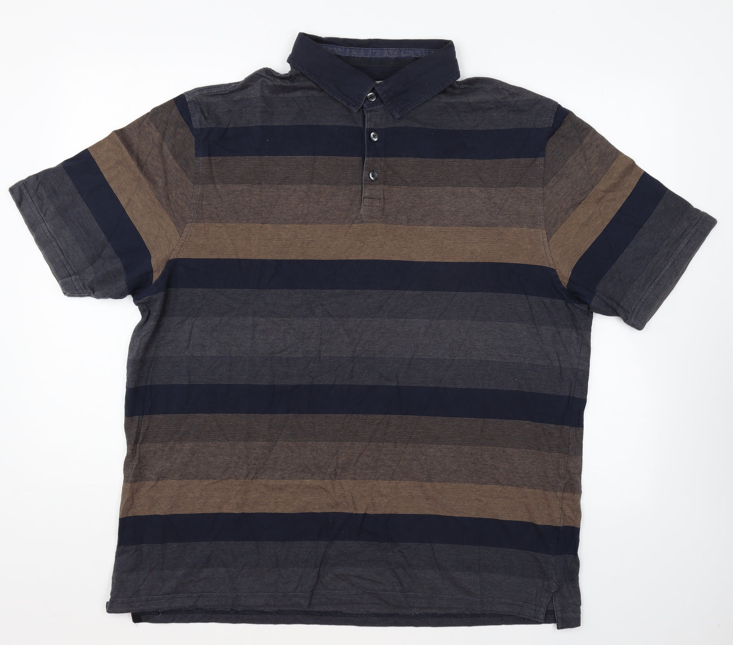 Marks and Spencer Mens Blue Striped Cotton Polo Size 2XL Collared Button