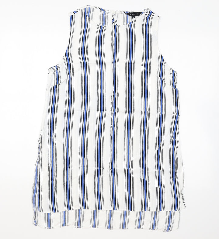 New Look Womens White Striped Polyester Basic Tank Size 12 Round Neck