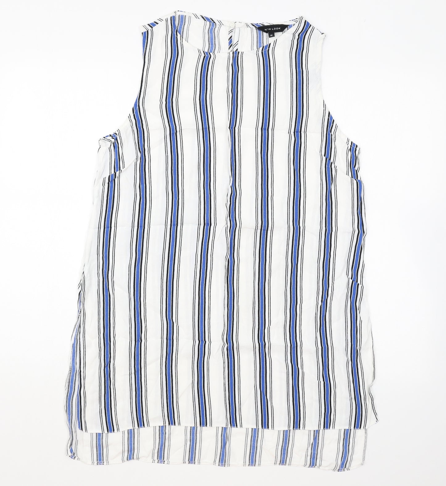 New Look Womens White Striped Polyester Basic Tank Size 12 Round Neck