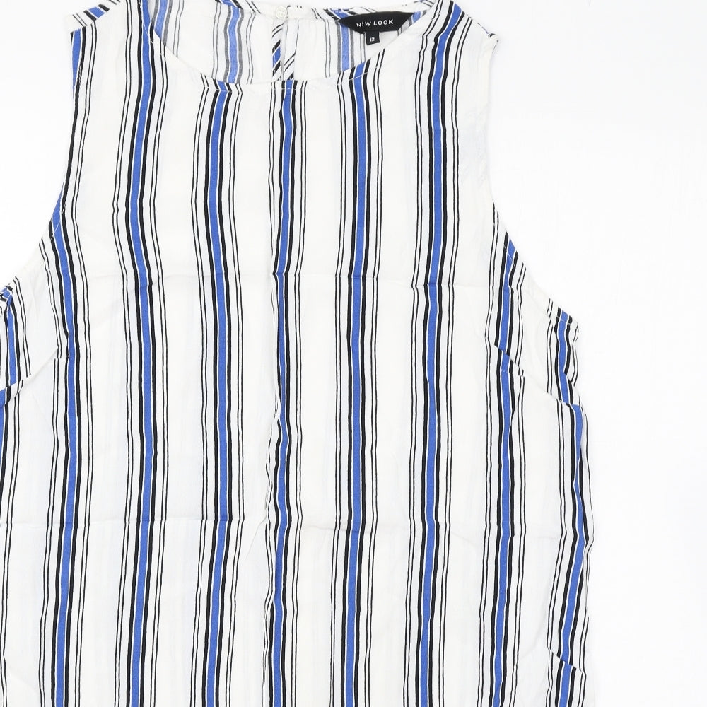 New Look Womens White Striped Polyester Basic Tank Size 12 Round Neck