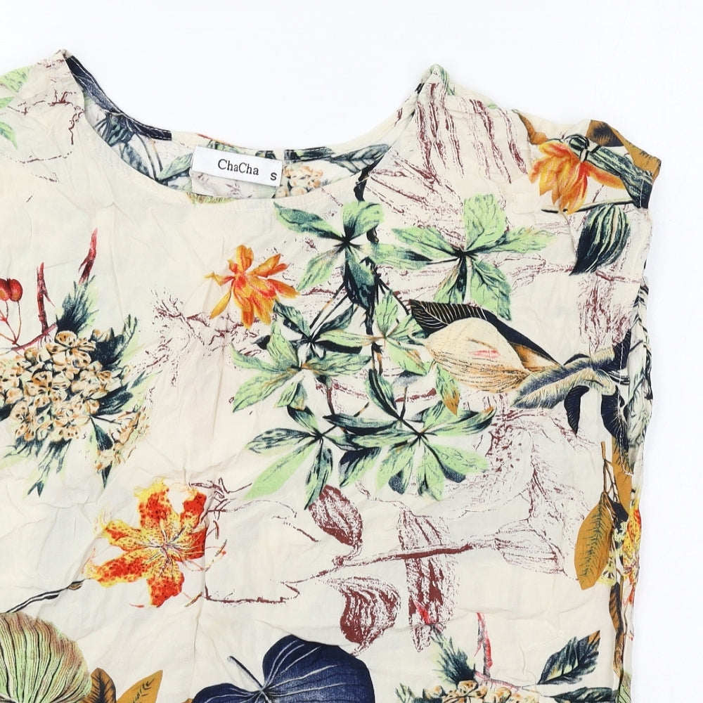 Cha Cha Womens Beige Geometric Viscose Basic T-Shirt Size S Round Neck