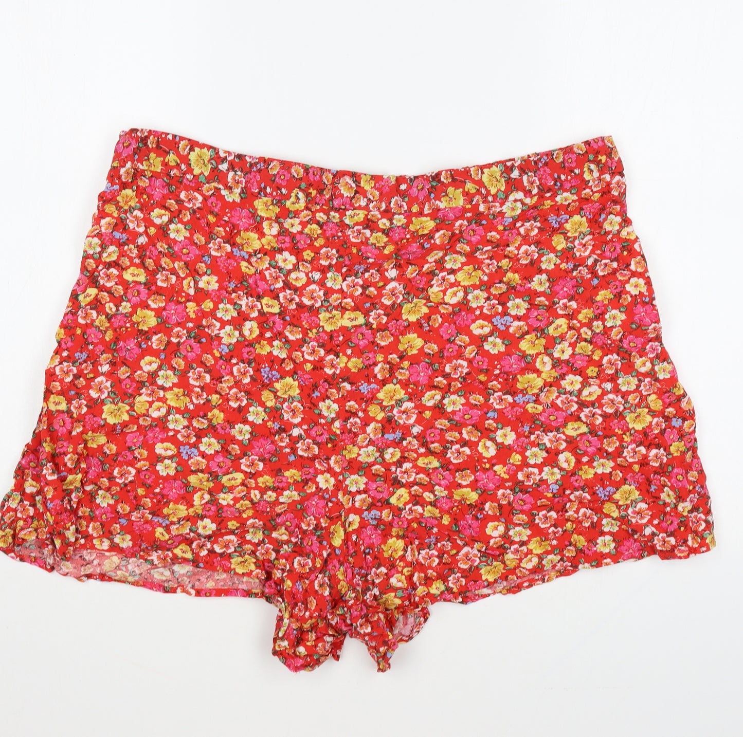New Look Womens Red Floral Polyester Hot Pants Shorts Size 24 Regular Pull On