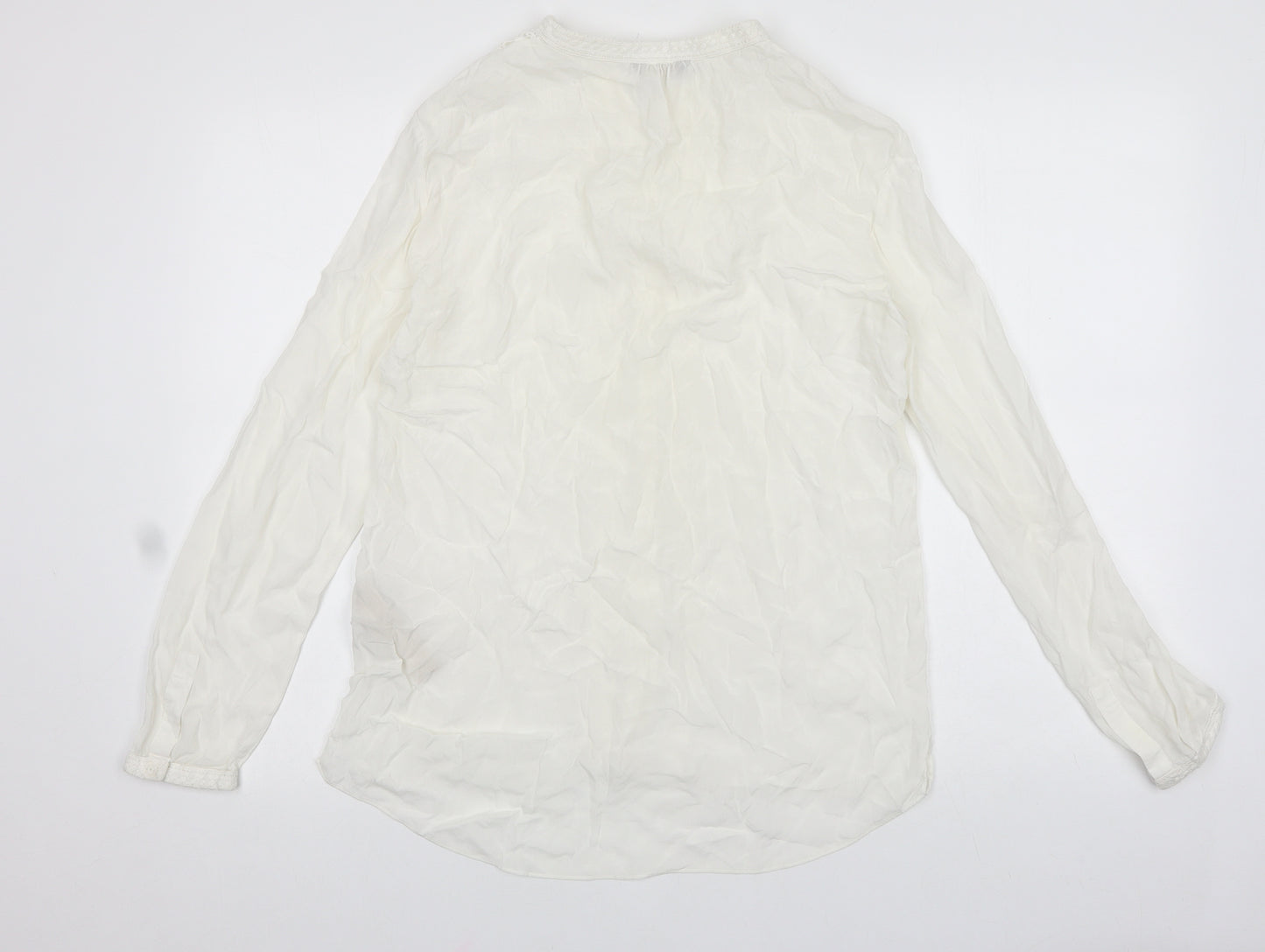 Massimo Dutti Womens White Polyester Basic Button-Up Size 8 V-Neck - Lace Detail