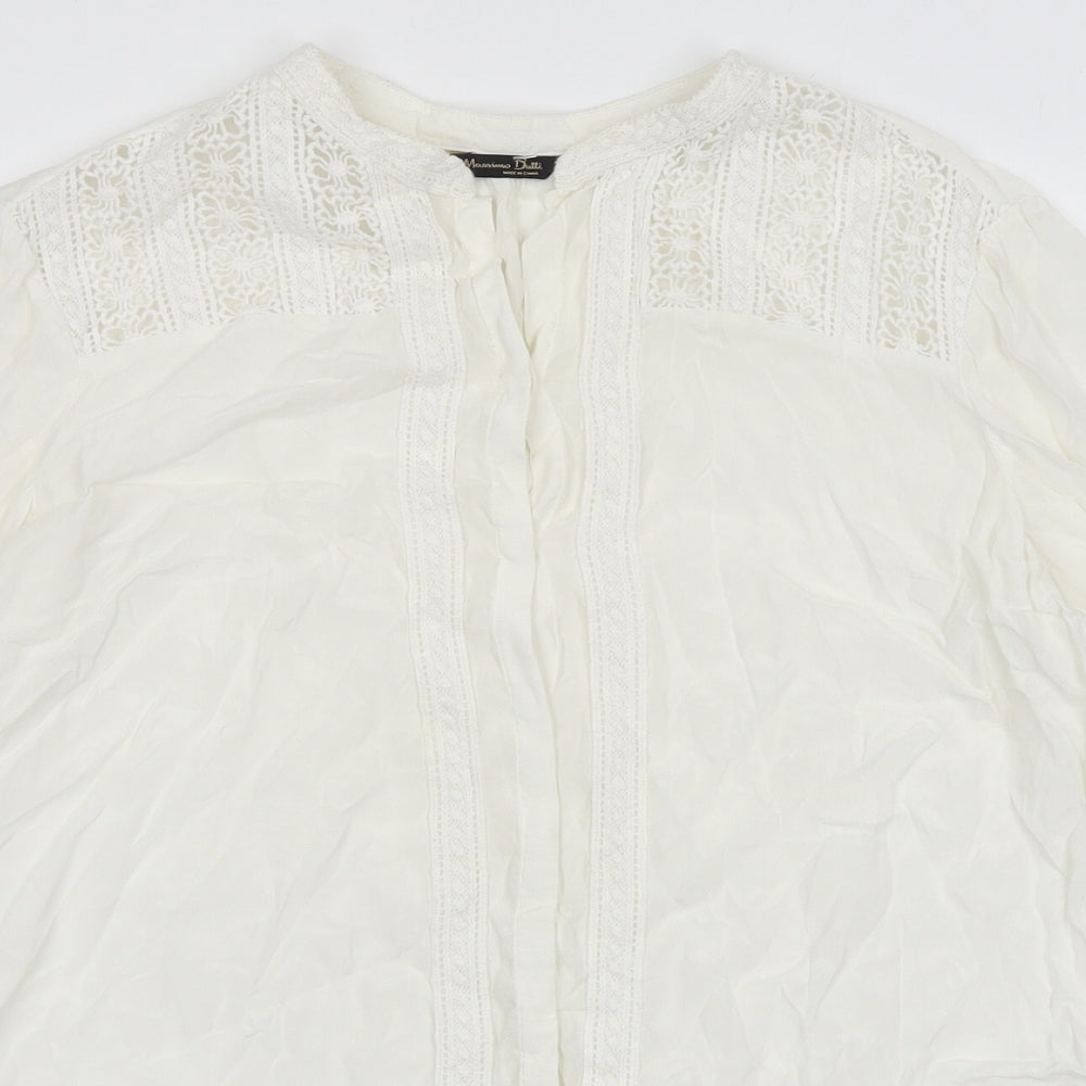 Massimo Dutti Womens White Polyester Basic Button-Up Size 8 V-Neck - Lace Detail