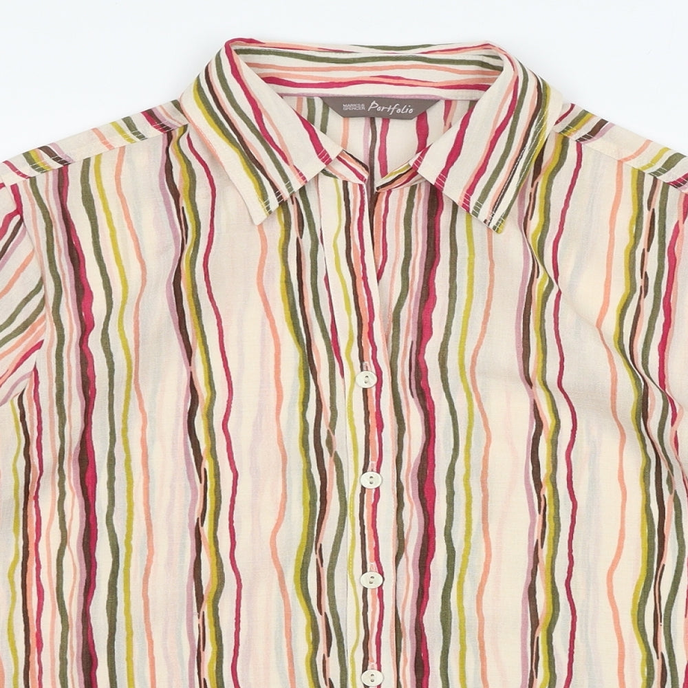 Marks and Spencer Womens Multicoloured Striped Polyester Basic Button-Up Size 12 V-Neck