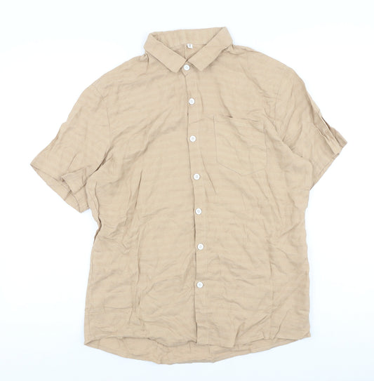 SheIn Mens Beige Viscose Button-Up Size M Collared Button