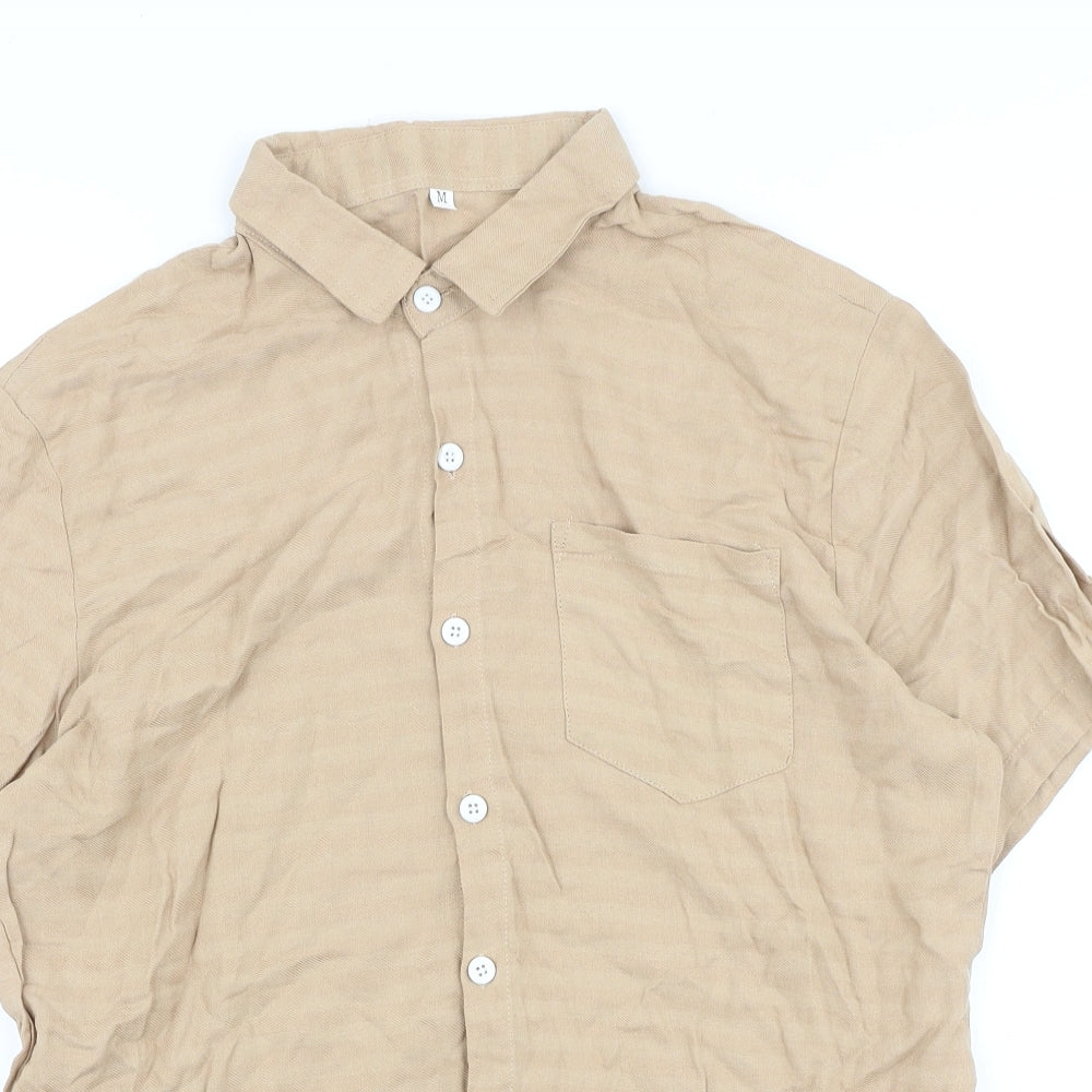 SheIn Mens Beige Viscose Button-Up Size M Collared Button