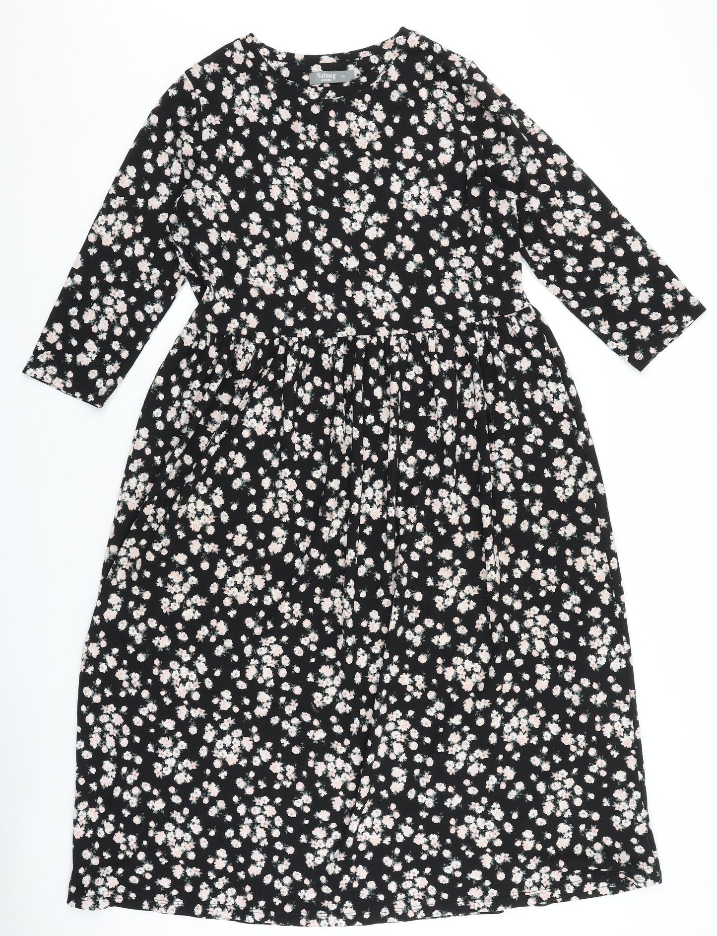 Nutmeg Womens Black Floral Viscose Fit & Flare Size 10 Round Neck Pullover