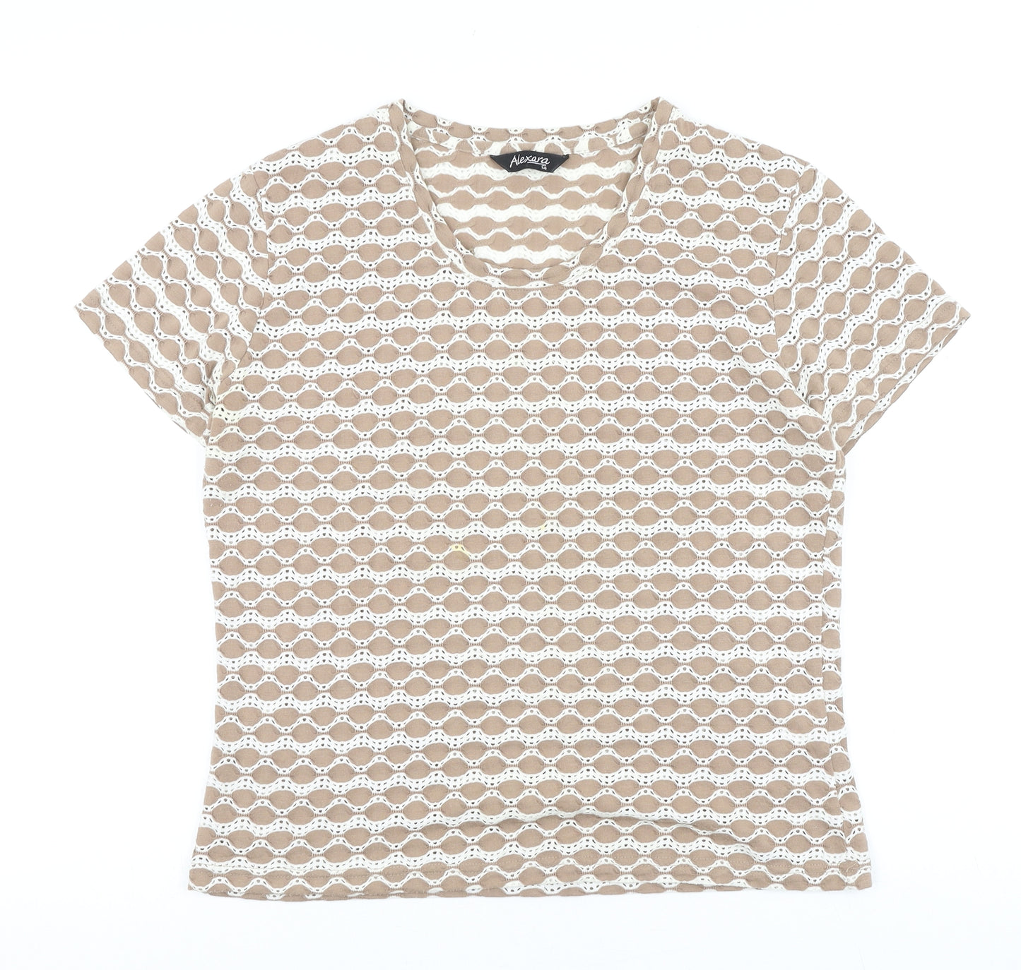 Alexara Womens Brown Geometric Cotton Basic T-Shirt Size 14 Round Neck