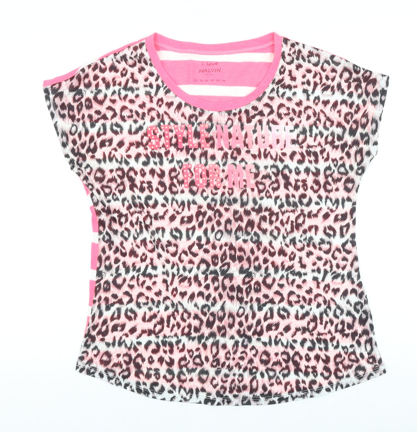 Preworn Womens Brown Animal Print Polyester Basic T-Shirt Size 36 Round Neck