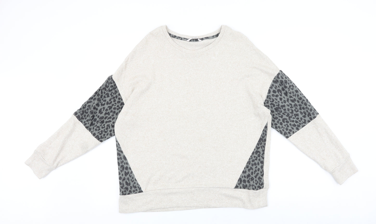 TU Womens Beige Scoop Neck Acrylic Pullover Jumper Size 16 - Leopard Print Panel
