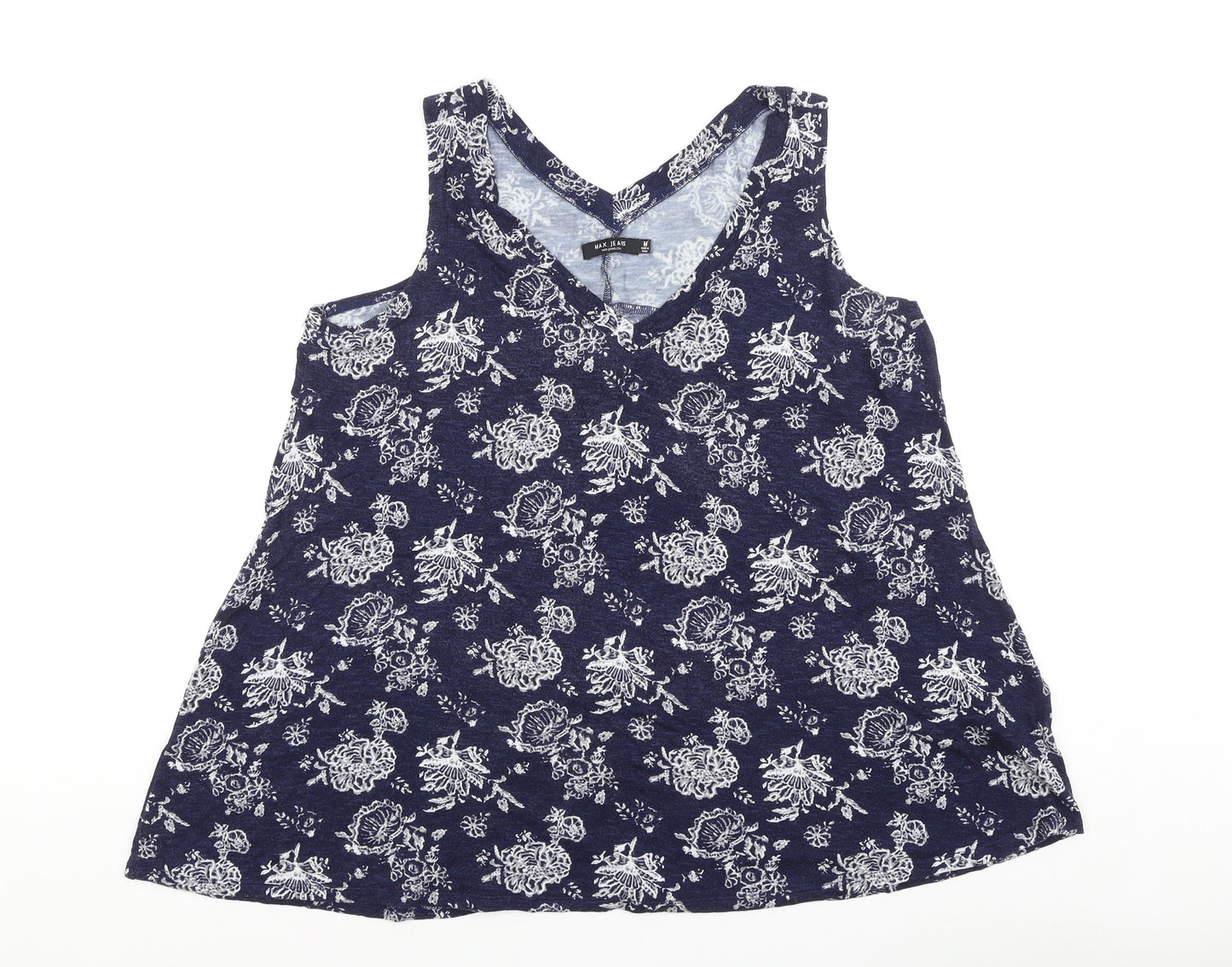 Max Jeans Womens Blue Floral Viscose Basic Tank Size M V-Neck