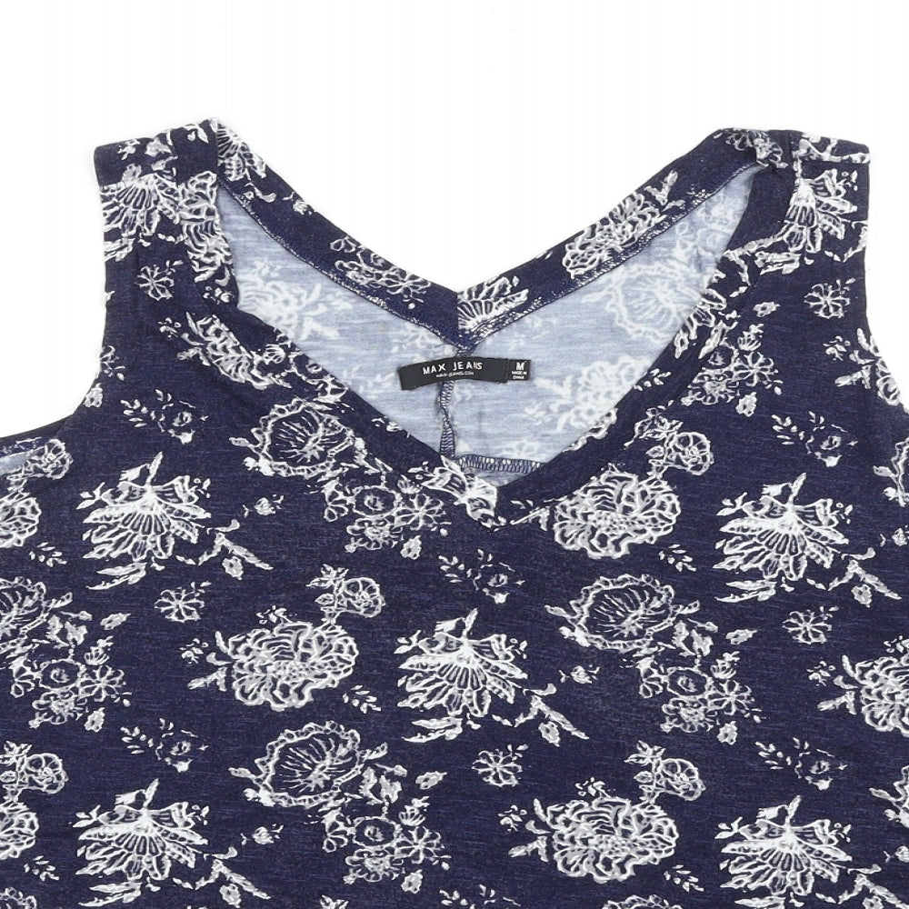 Max Jeans Womens Blue Floral Viscose Basic Tank Size M V-Neck