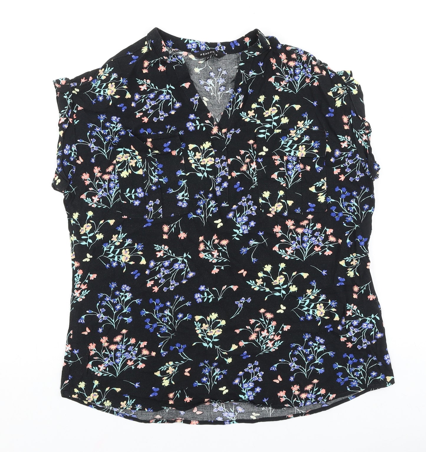 Peacocks Womens Black Floral Viscose Basic Blouse Size 12 V-Neck