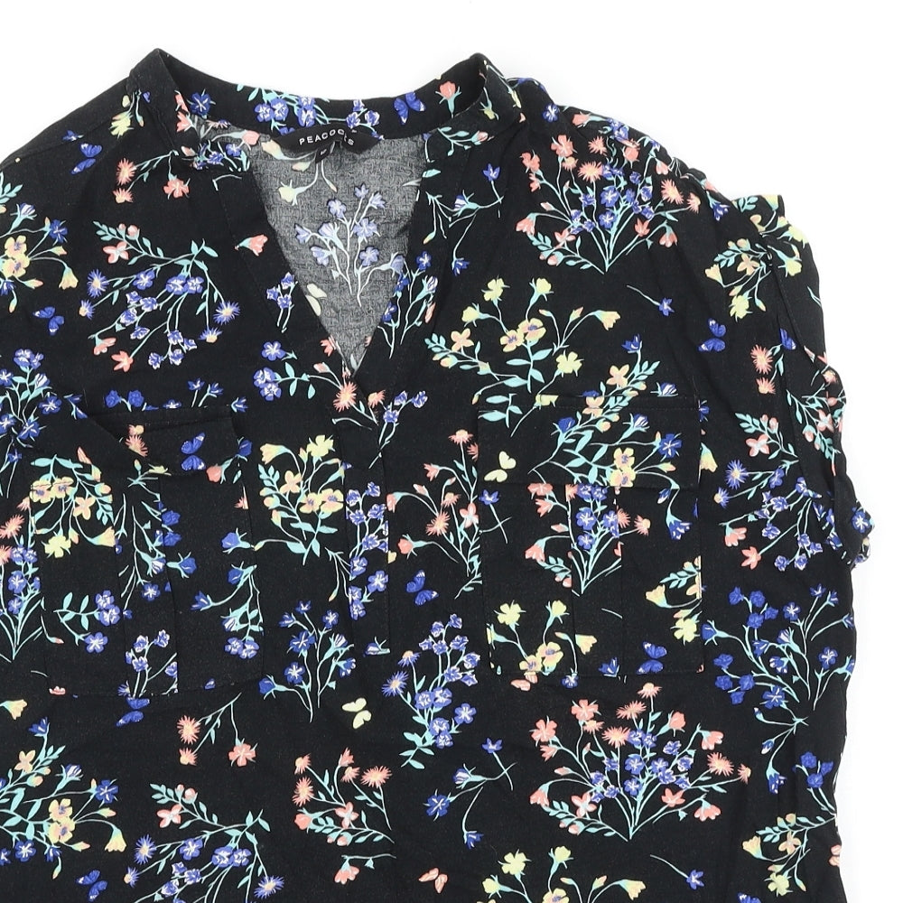 Peacocks Womens Black Floral Viscose Basic Blouse Size 12 V-Neck