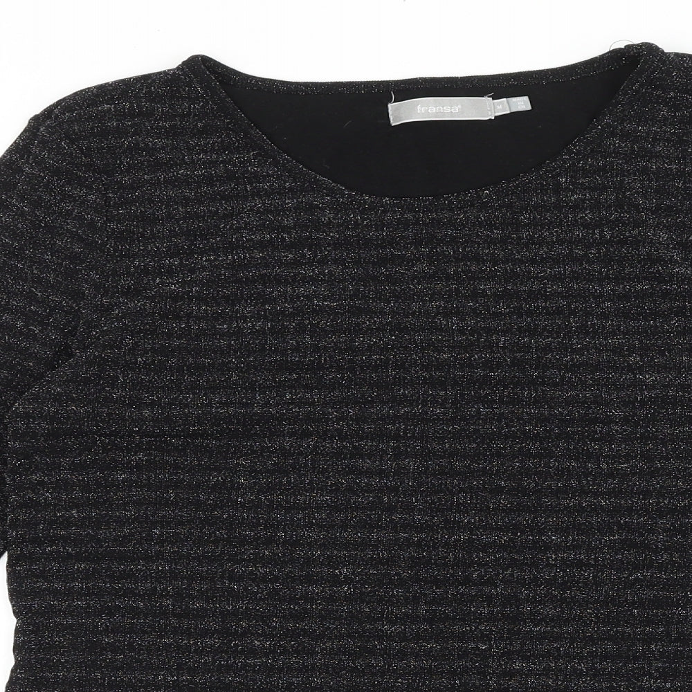 Fransa Womens Black Striped Viscose Basic T-Shirt Size M Round Neck