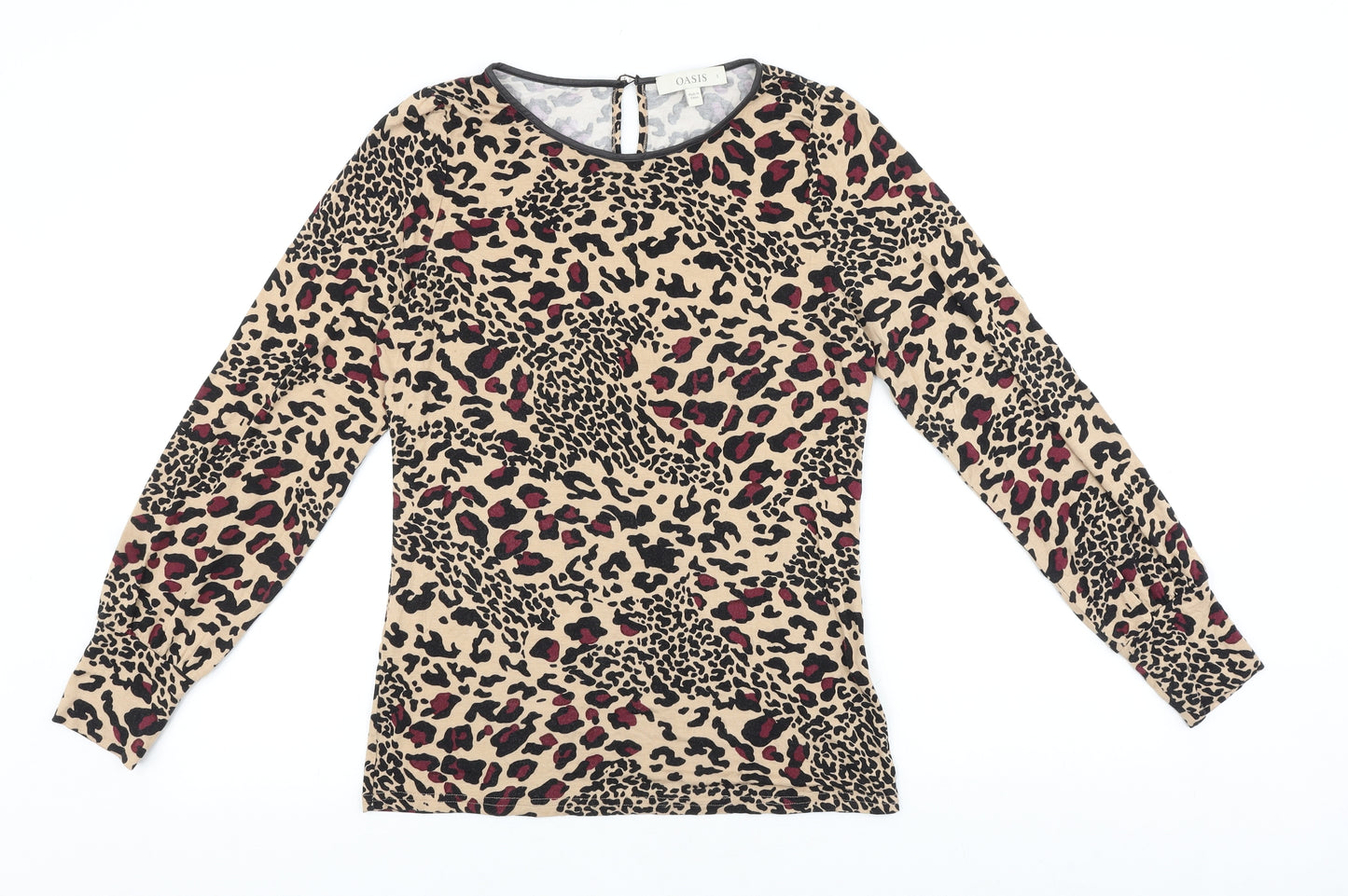 Oasis Womens Brown Animal Print Viscose Basic Blouse Size S Boat Neck - Leopard Print