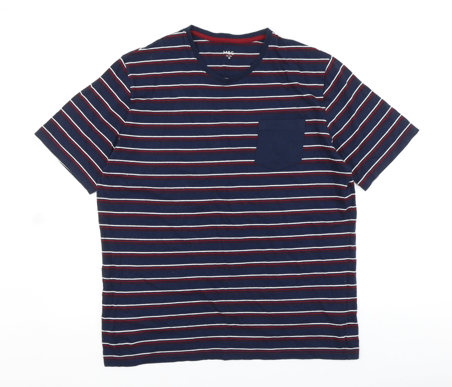 Marks and Spencer Mens Blue Striped Cotton T-Shirt Size M Round Neck