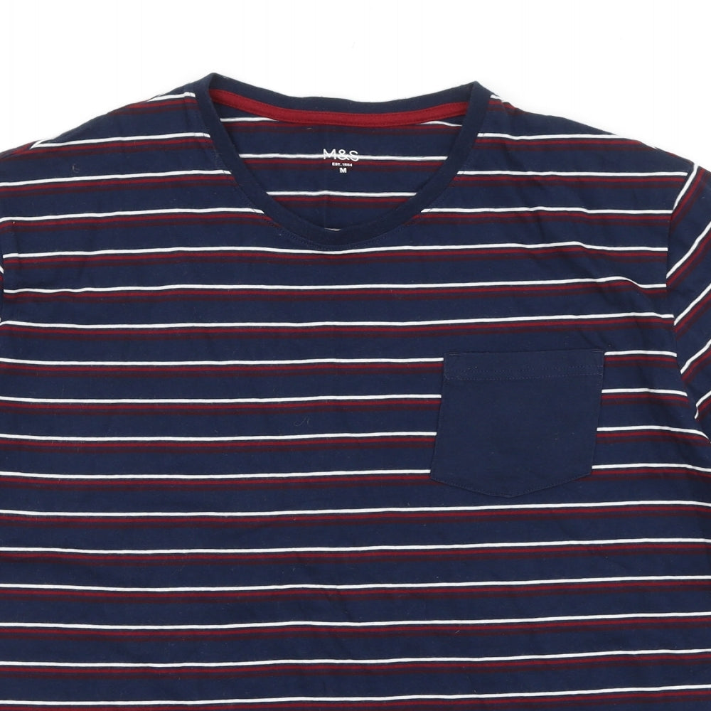 Marks and Spencer Mens Blue Striped Cotton T-Shirt Size M Round Neck