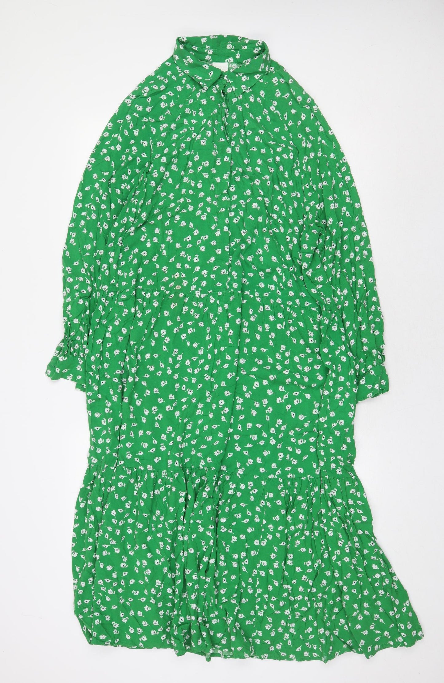 H&M Womens Green Floral Viscose Shirt Dress Size M Collared Button
