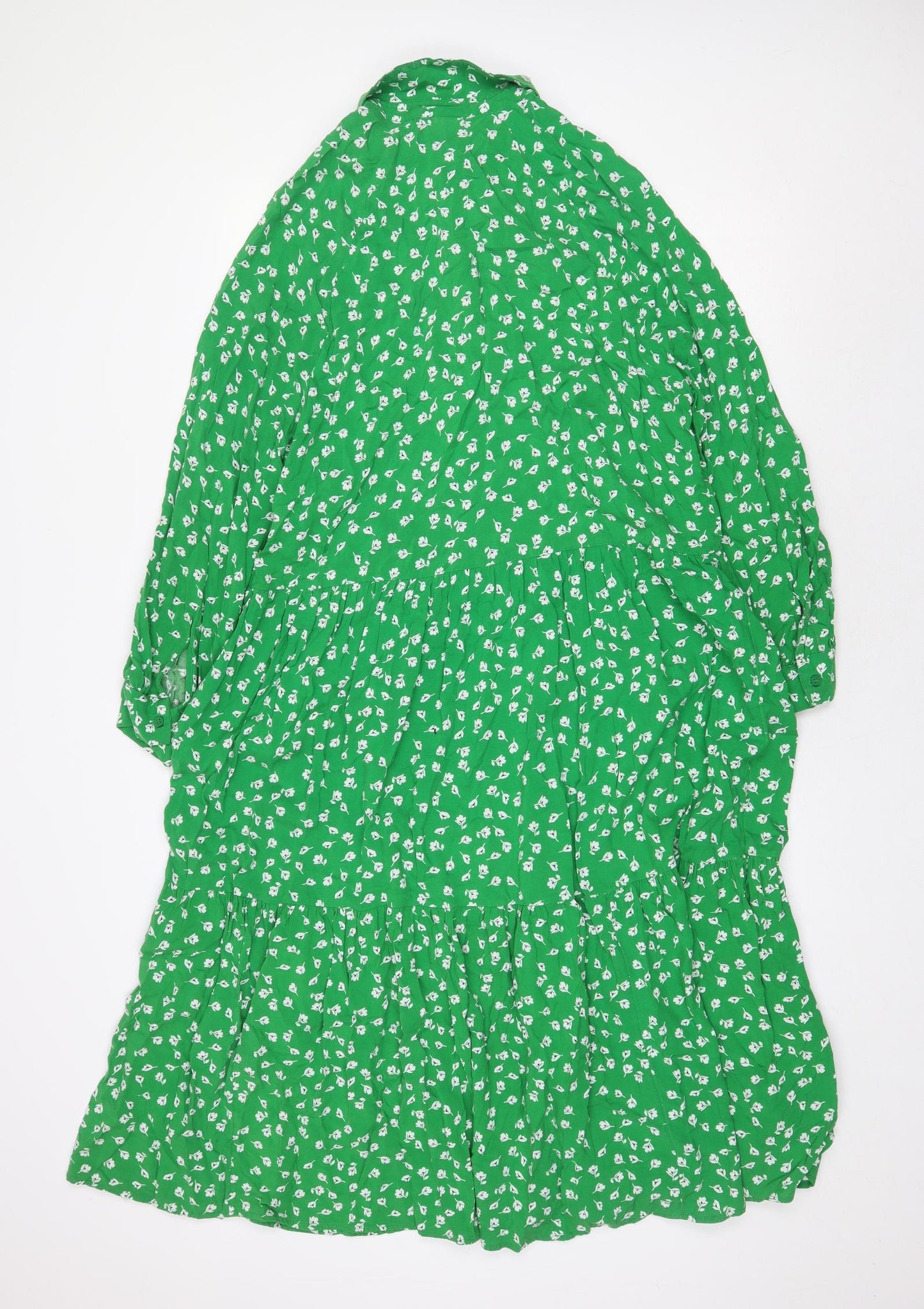 H&M Womens Green Floral Viscose Shirt Dress Size M Collared Button