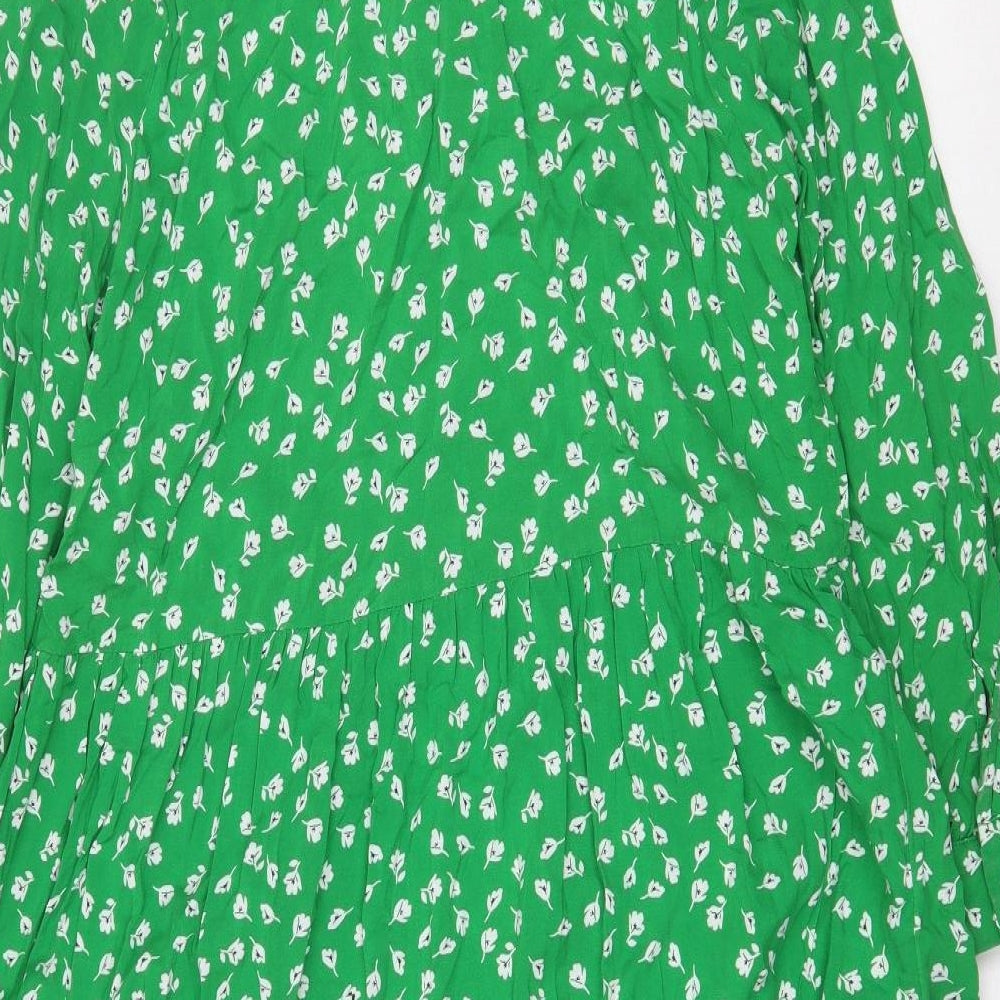 H&M Womens Green Floral Viscose Shirt Dress Size M Collared Button