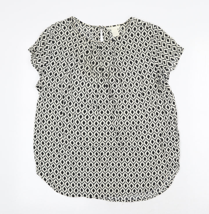 H&M Womens White Geometric Viscose Basic Blouse Size 8 Round Neck