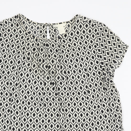 H&M Womens White Geometric Viscose Basic Blouse Size 8 Round Neck