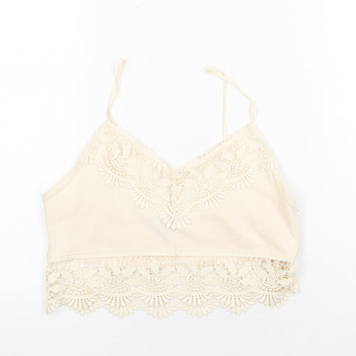 Topshop Womens Beige Cotton Cropped Tank Size 10 V-Neck - Lace Detail