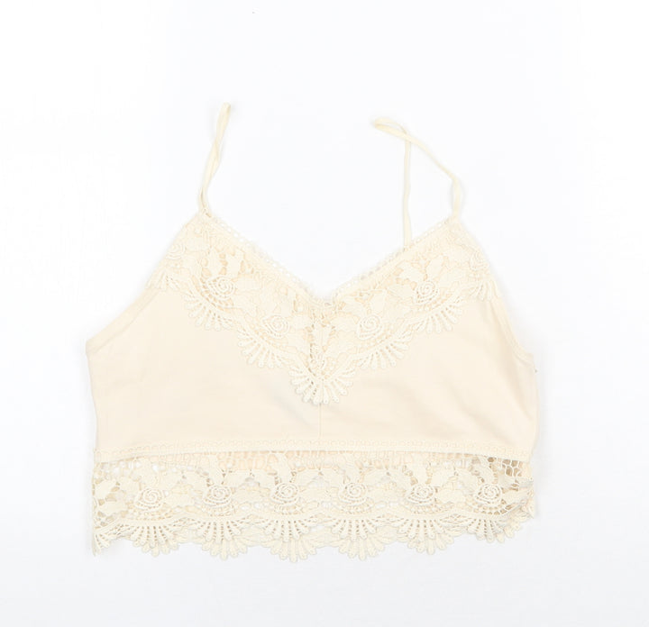 Topshop Womens Beige Cotton Cropped Tank Size 10 V-Neck - Lace Detail