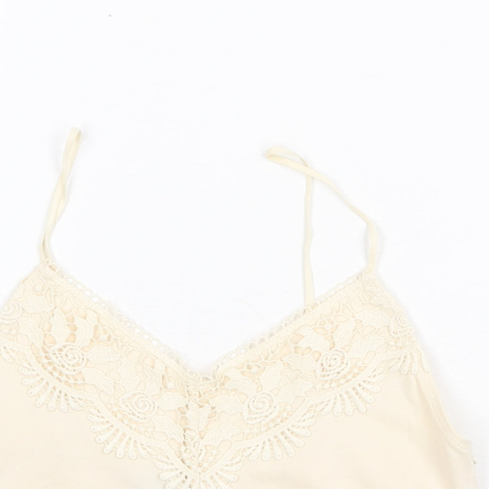 Topshop Womens Beige Cotton Cropped Tank Size 10 V-Neck - Lace Detail
