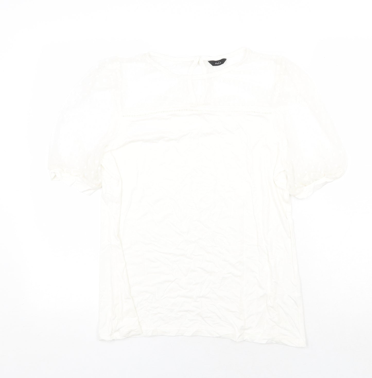M&Co Womens White Polyamide Basic T-Shirt Size 12 Scoop Neck - Mesh Detail