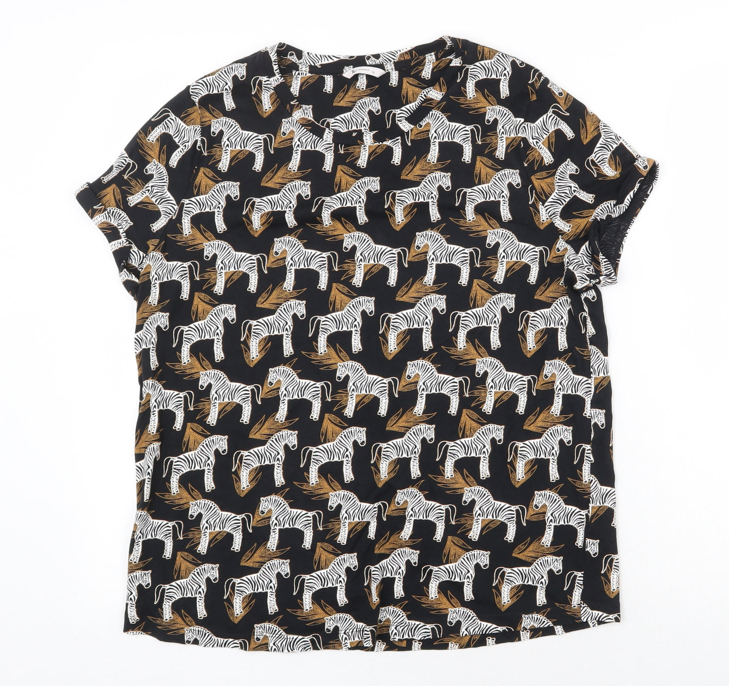 TU Womens Black Geometric 100% Cotton Basic T-Shirt Size 12 Scoop Neck - Zebra Print