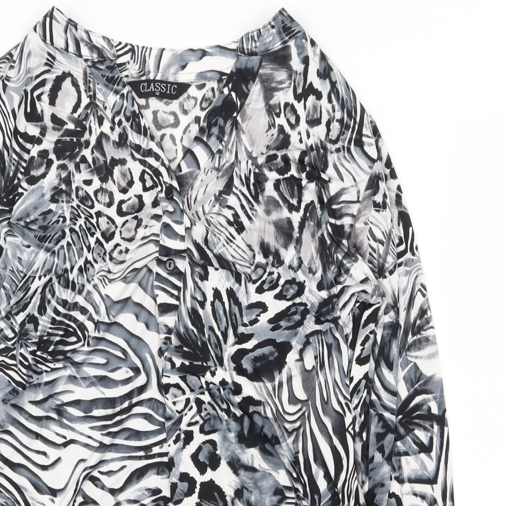 Classic Womens Black Animal Print Polyester Basic Blouse Size 12 V-Neck - Leopard Print