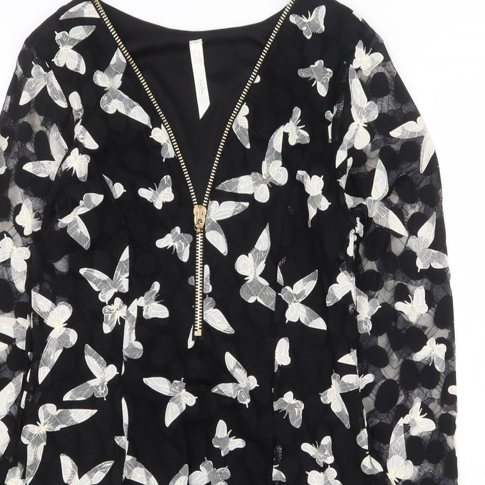 Stella Womens Black Geometric Polyester Basic Blouse Size 10 V-Neck - Butterfly
