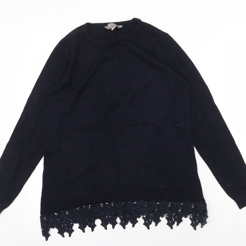 Dorothy Perkins Womens Blue Cotton Basic Blouse Size 12 Scoop Neck - Crochet Trim
