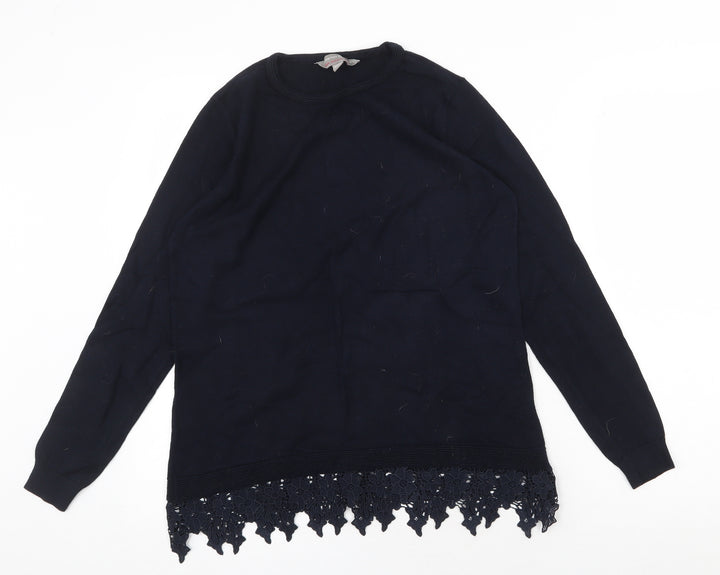 Dorothy Perkins Womens Blue Cotton Basic Blouse Size 12 Scoop Neck - Crochet Trim