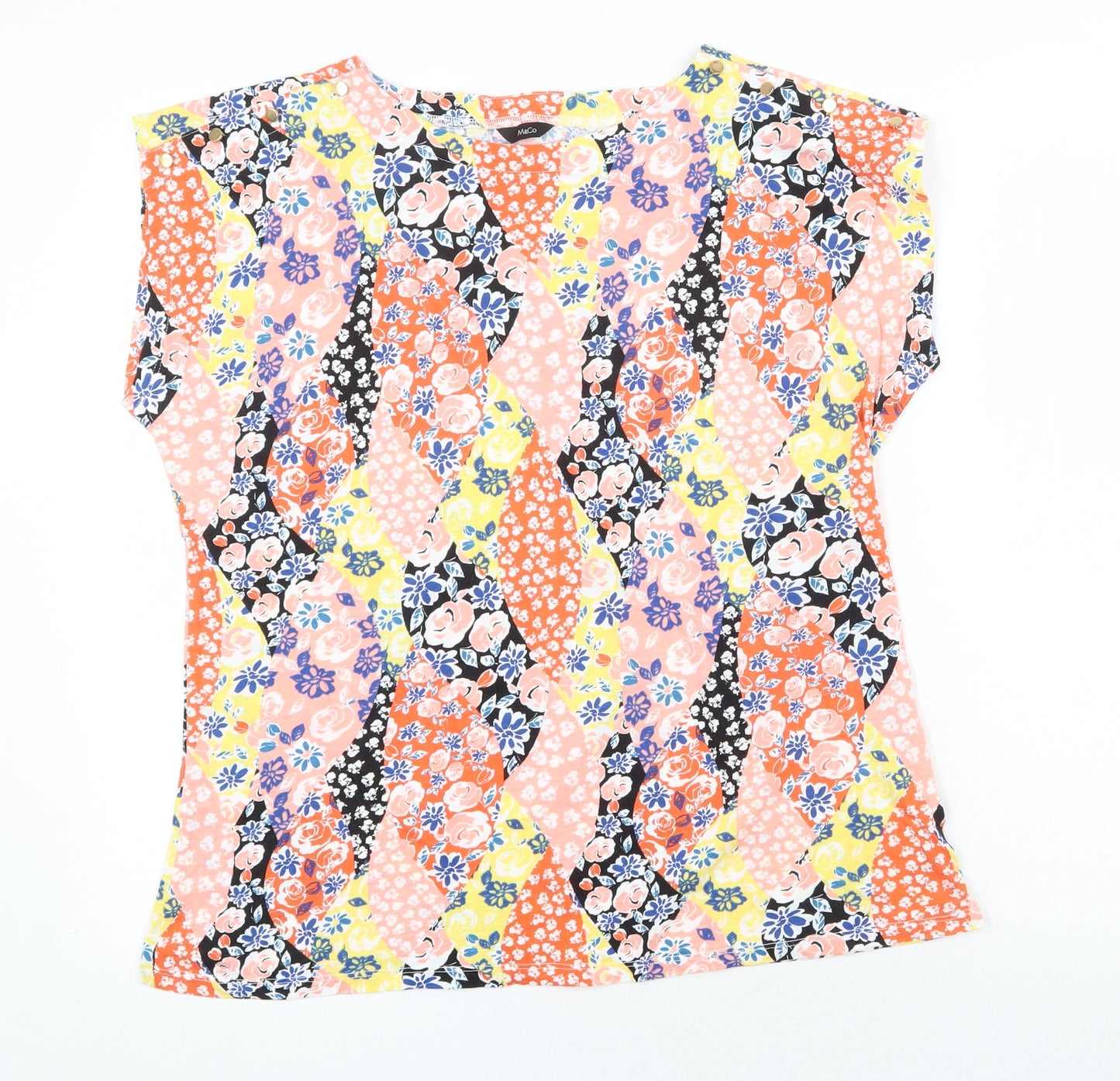 M&Co Womens Multicoloured Geometric 100% Cotton Basic T-Shirt Size 14 Round Neck