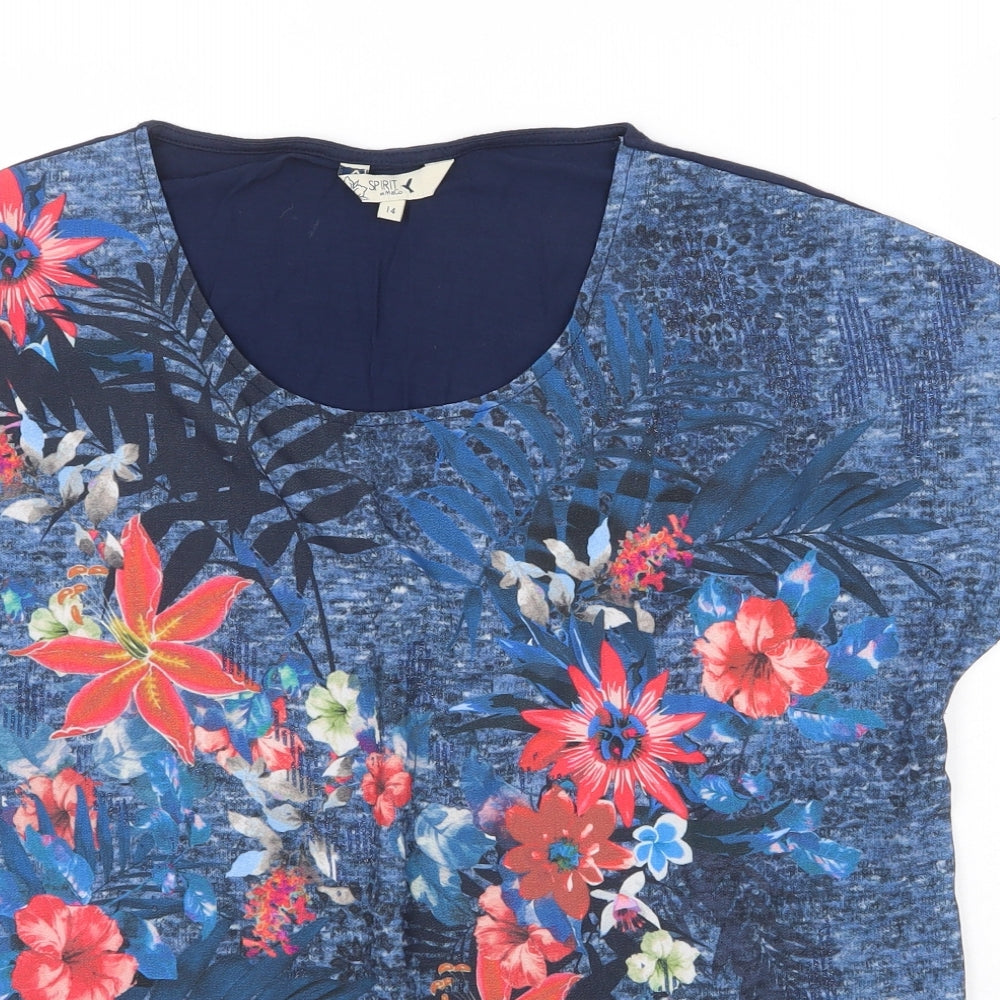 M&Co Womens Blue Polyester Basic T-Shirt Size 14 Round Neck - Flower