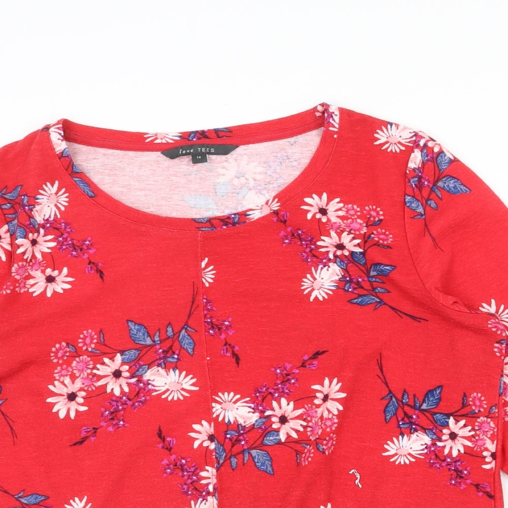 Love Tees Womens Red Floral Polyester Basic T-Shirt Size 14 Round Neck