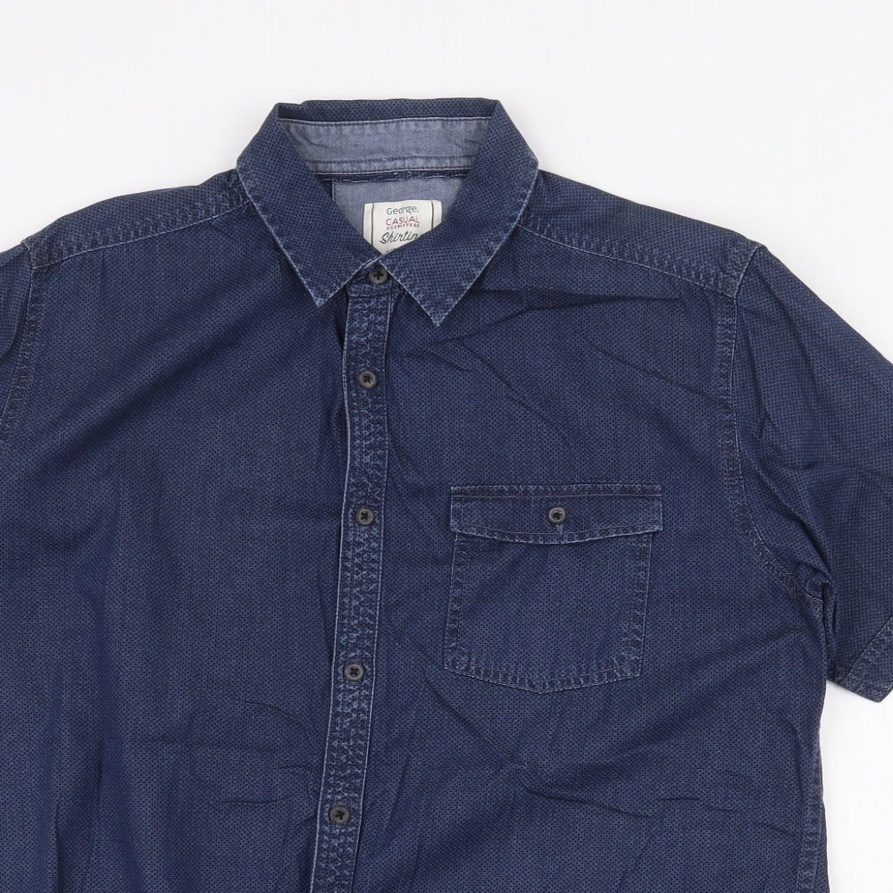 George Mens Blue Cotton Button-Up Size M Collared Button