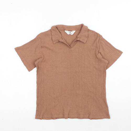 H&M Girls Brown Cotton Basic Polo Size 10-11 Years V-Neck Pullover