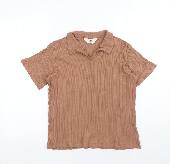 H&M Girls Brown Cotton Basic Polo Size 10-11 Years V-Neck Pullover