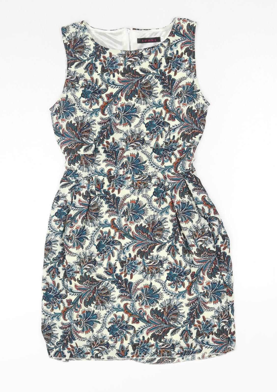 Tenki Womens Blue Floral Polyester A-Line Size 8 Round Neck Zip