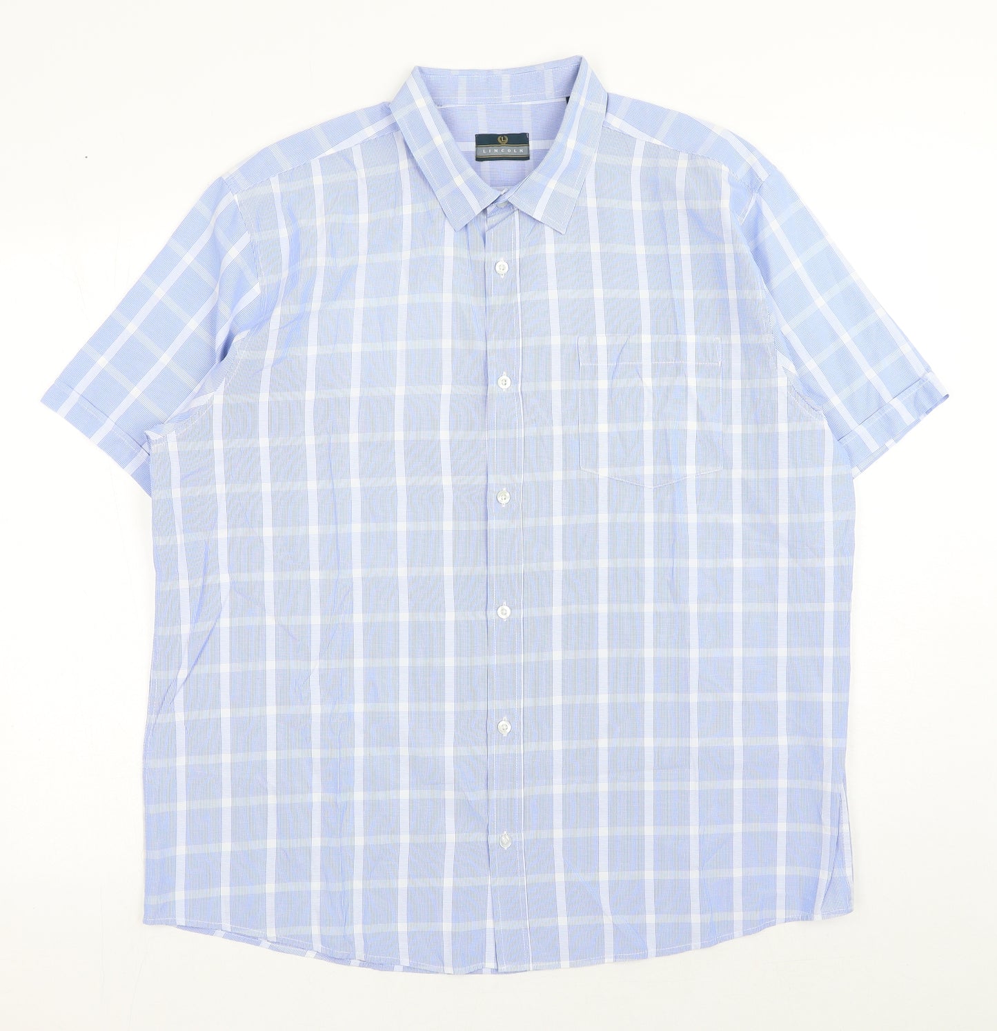 Lincoln Mens Blue Plaid Polyester Button-Up Size XL Collared Button