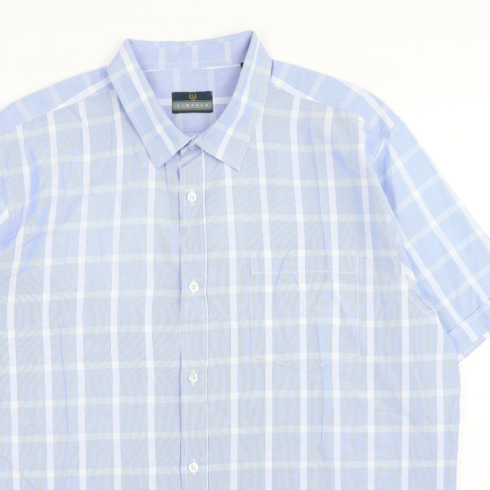 Lincoln Mens Blue Plaid Polyester Button-Up Size XL Collared Button